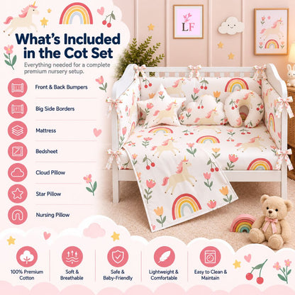 Premium Baby Cot Bedding Set - Unicorn Blossom