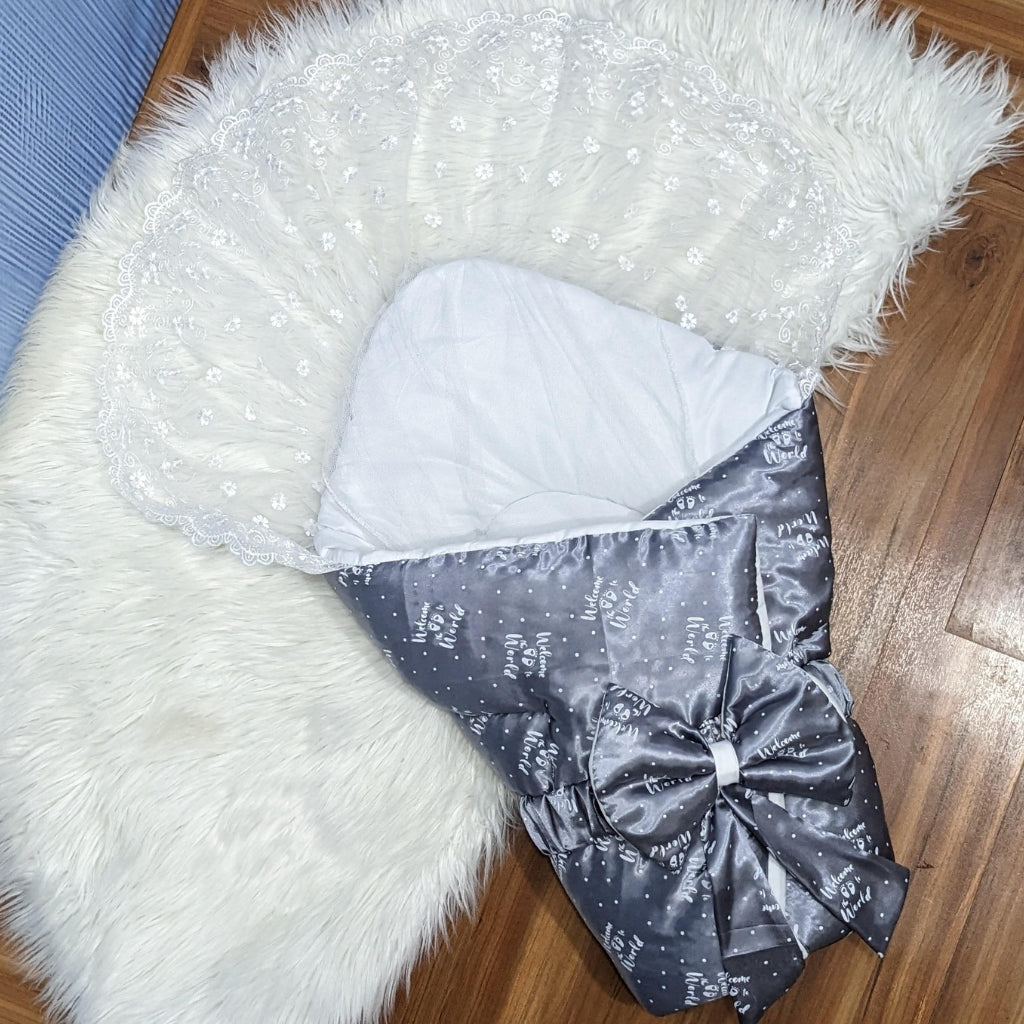 Premium Silk Newborn Baby Carry Nest | "Welcome to the World" - Grey