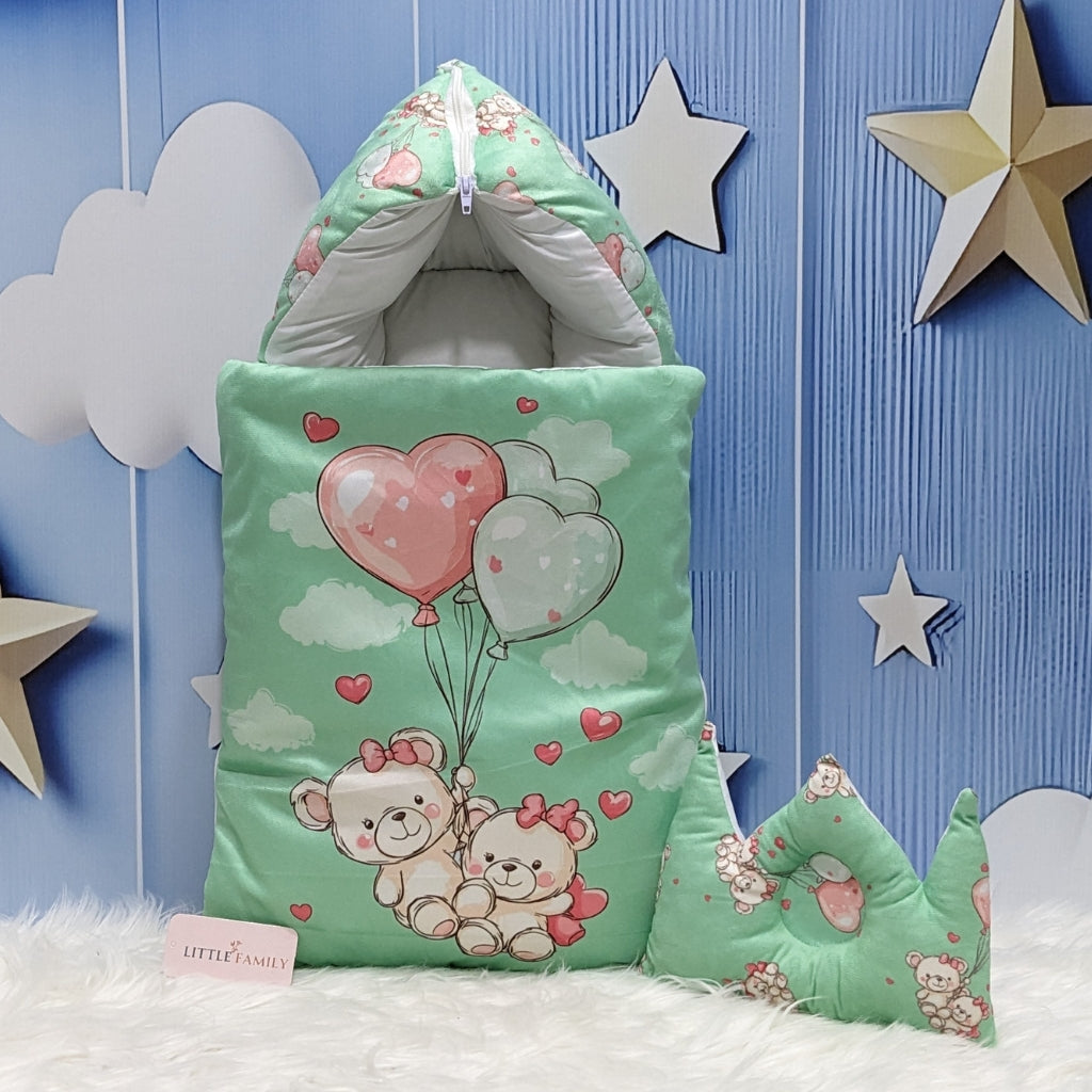 Velvet Baby Carry Nest – Green | Teddy Love Edition