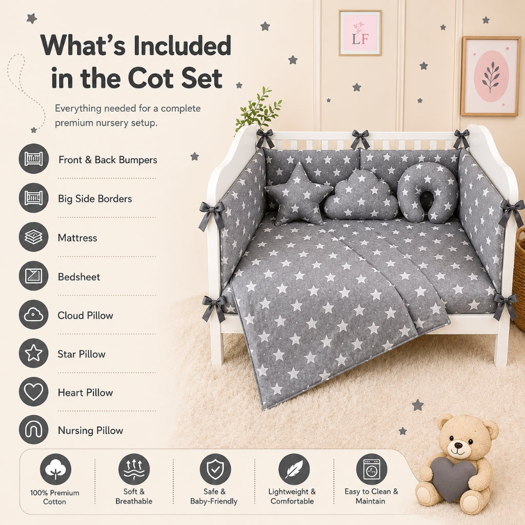 Premium Baby Cot Bedding Set - Grey Star