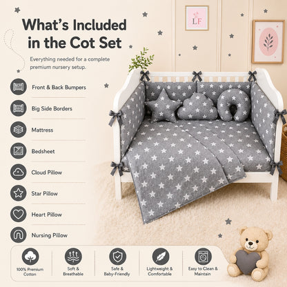 Premium Baby Cot Bedding Set - Grey Star
