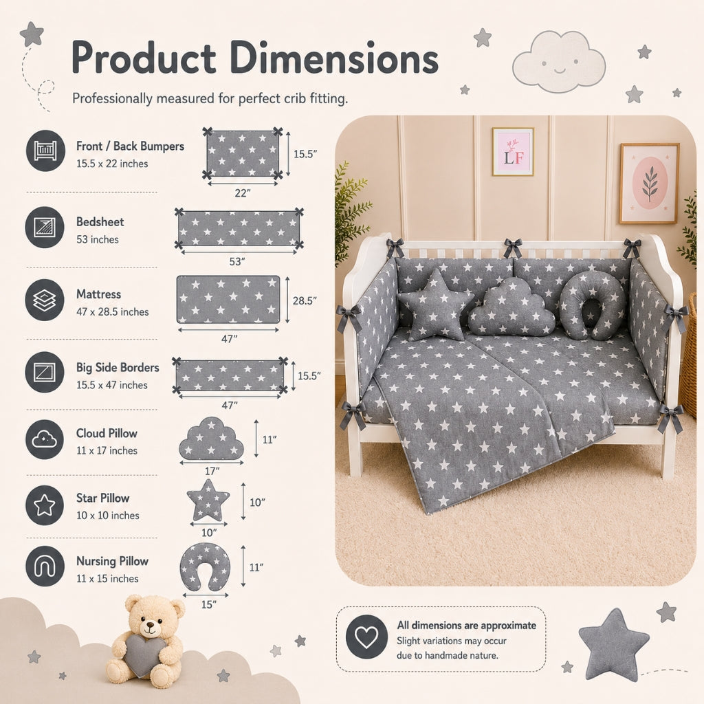 Premium Baby Cot Bedding Set - Grey Star