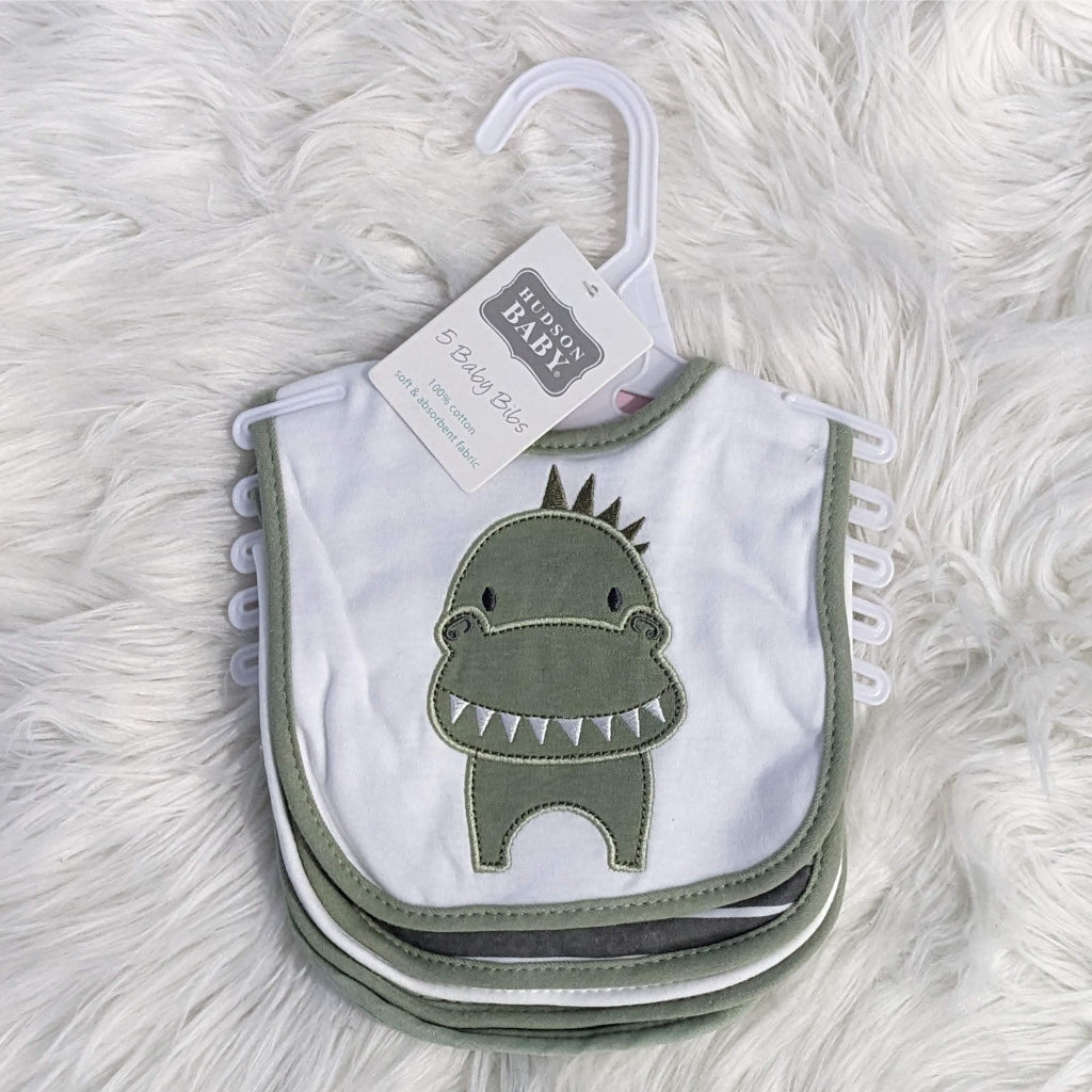 Premium Soft Cotton Absorbent Baby Bibs – 5-Piece | Dino