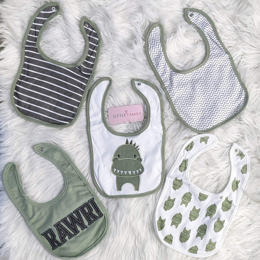 Premium Soft Cotton Absorbent Baby Bibs – 5-Piece | Dino