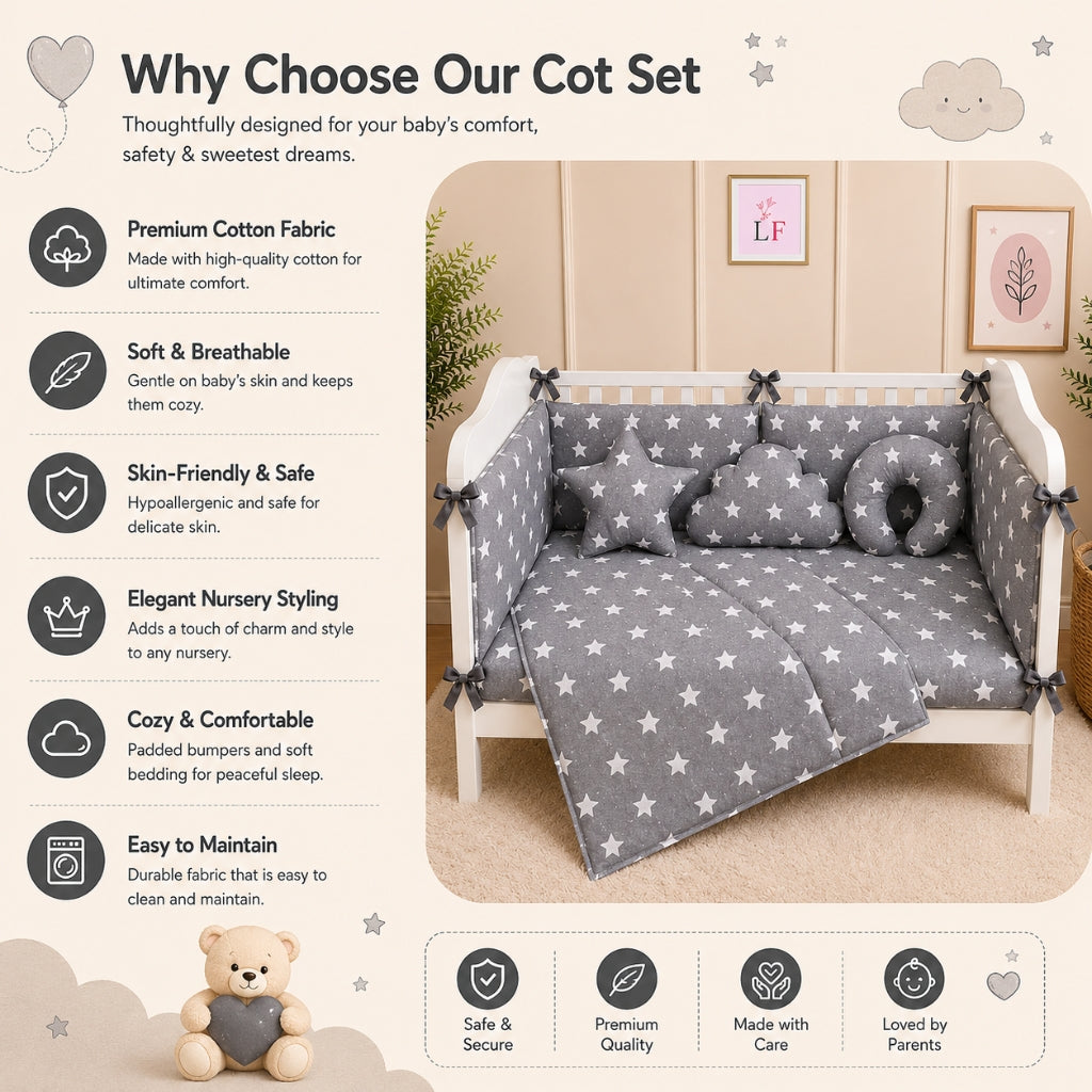 Premium Baby Cot Bedding Set - Grey Star