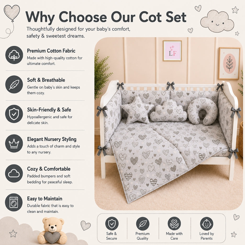 Premium Baby Cot Bedding Set - White Heart