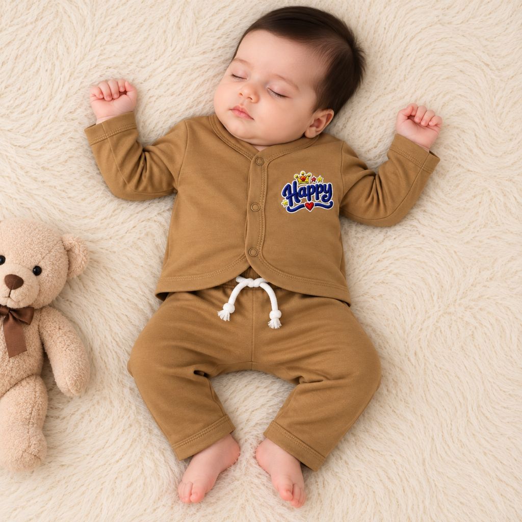 Premium 2-Piece Baby Night Suit | "Happy" Print - Beige