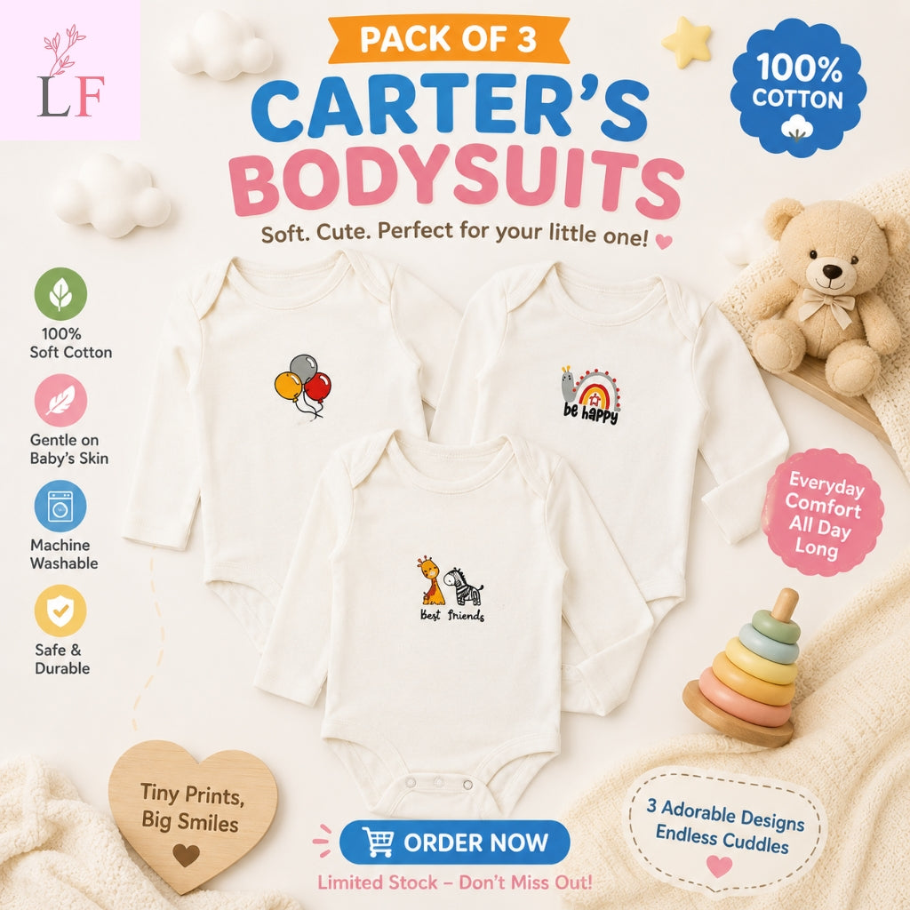 Carter’s Premium 3-Pack Baby Bodysuits – Soft Cotton