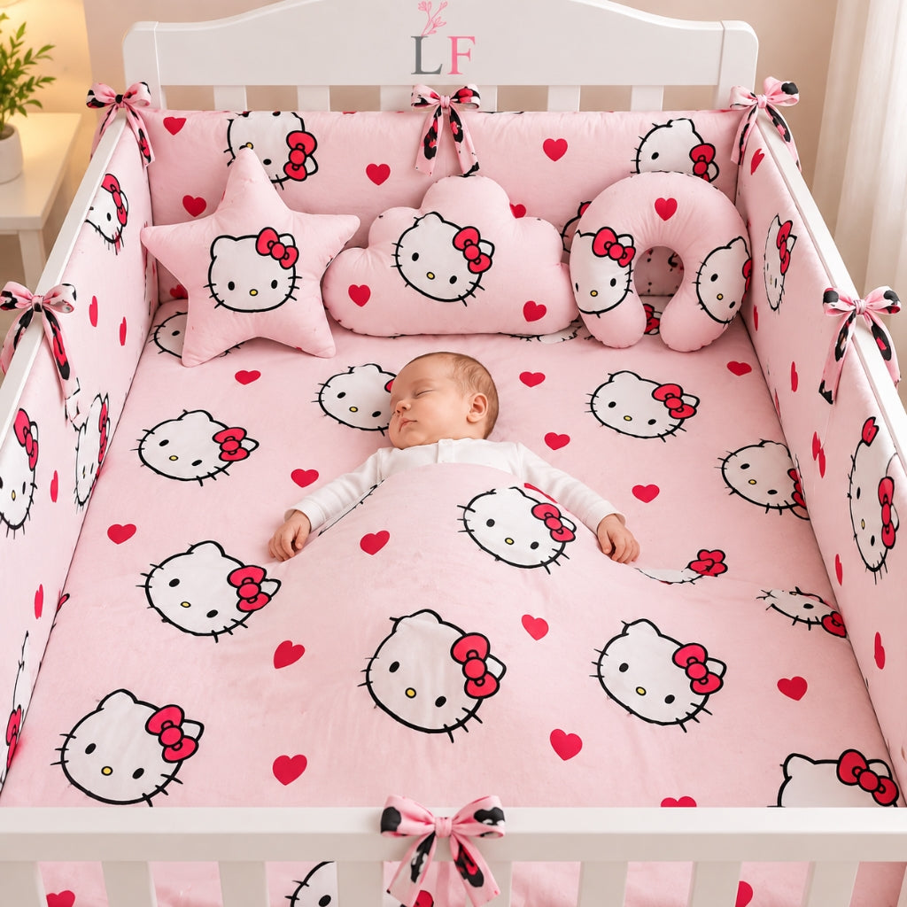 Premium Baby Cot Bedding Set - Kitty Hearts