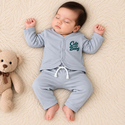 Premium 2-Piece Baby Night Suit | "Cute Little Baby" Print - Grey