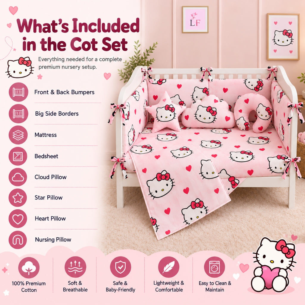 Premium Baby Cot Bedding Set - Kitty Hearts