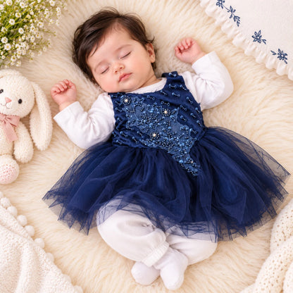 Baby Girl Navy Blue Frock Set – 3-Piece Elegant Lace & Pearl