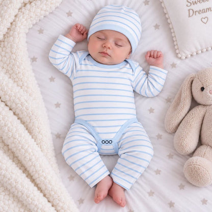 Premium 3-Piece Baby Bodysuit Set | Stripes - Blue