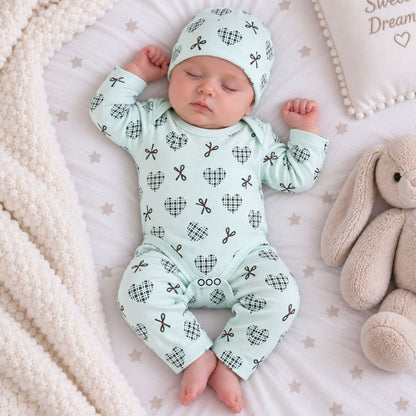 Premium 3-Piece Baby Bodysuit Set | "Heart Ribbon" Theme - Green