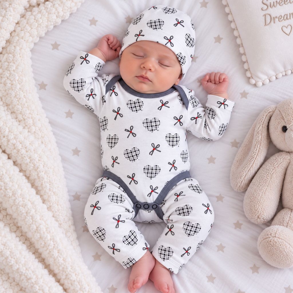 Premium 3-Piece Baby Bodysuit Set | "Heart Ribbon" Theme - Grey