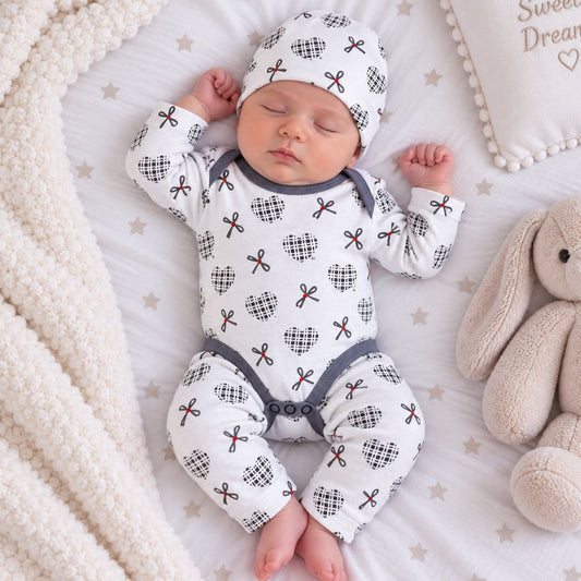 Premium 3-Piece Baby Bodysuit Set | "Heart Ribbon" Theme - Grey