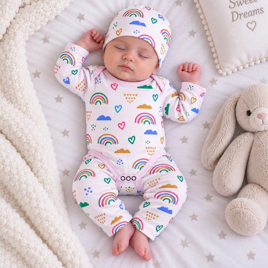 Premium 3-Piece Baby Bodysuit Set | "Rainbow" Theme - Pink