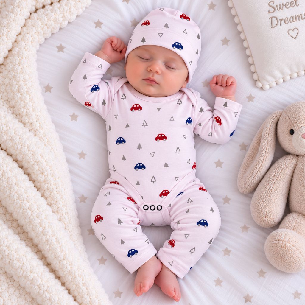 Premium 3-Piece Baby Bodysuit Set | "Car" Theme - Pink