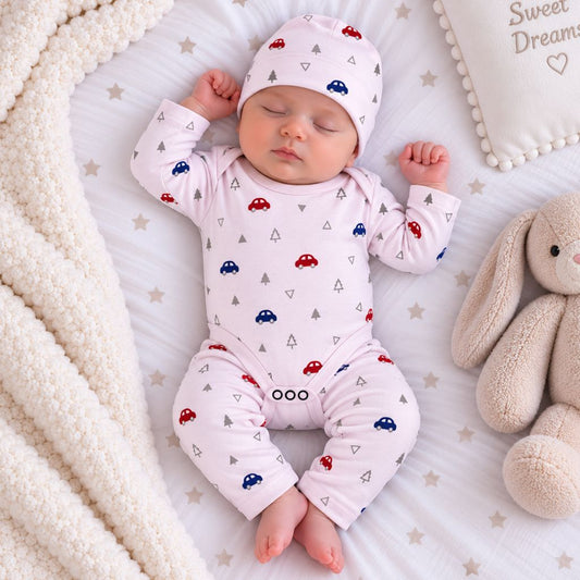 Premium 3-Piece Baby Bodysuit Set | "Car" Theme - Pink