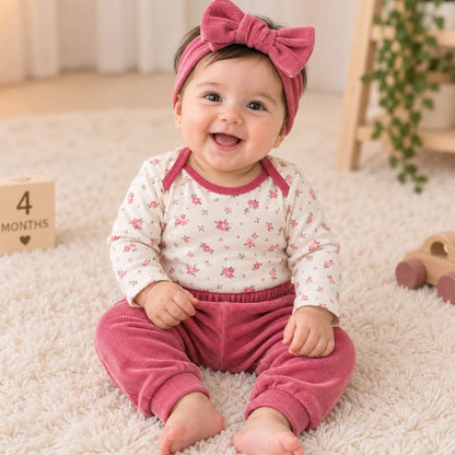 Premium Baby Full-Sleeve Bodysuit 3-Piece Set - Flower
