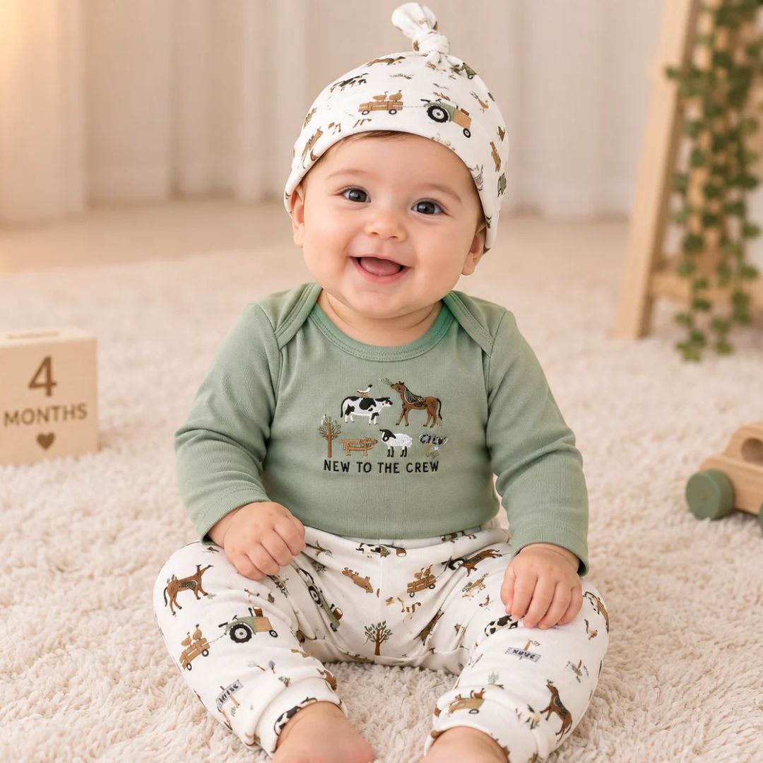 Premium Baby Full-Sleeve Bodysuit 3-Piece Set - Farm Friends