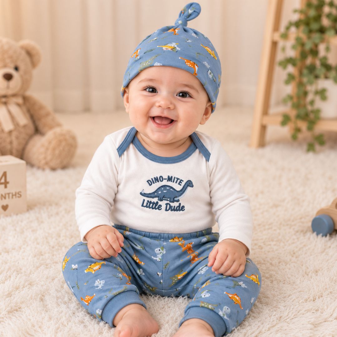 Premium Baby Full-Sleeve Bodysuit 3-Piece Set - Little Dino