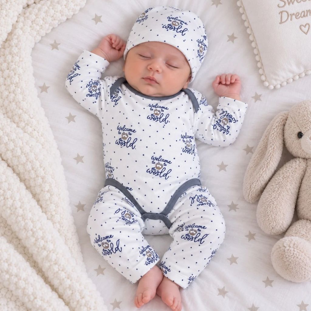 Premium 3-Piece Baby Bodysuit Set | "Welcome to the World" Theme - Charcoal Grey
