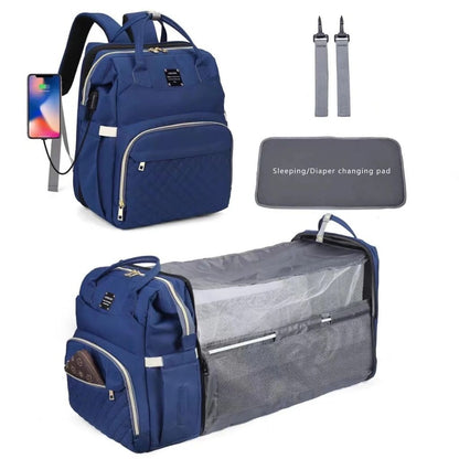 Baby Bag & Convertible (Portable Cot, & Changing Mat) - Navy Blue