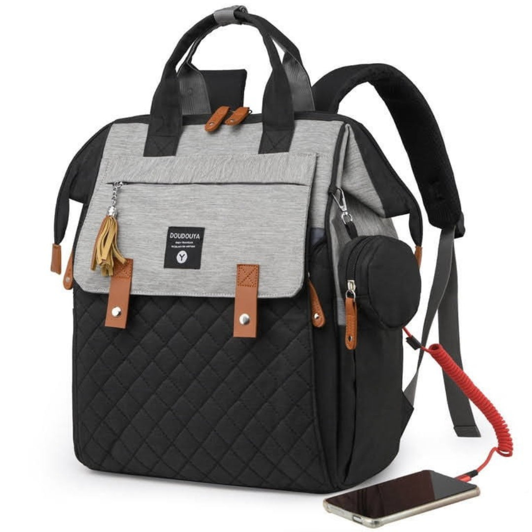 Multi-Function Baby Bag, Portable Cot & Changing Mat - Black-Grey