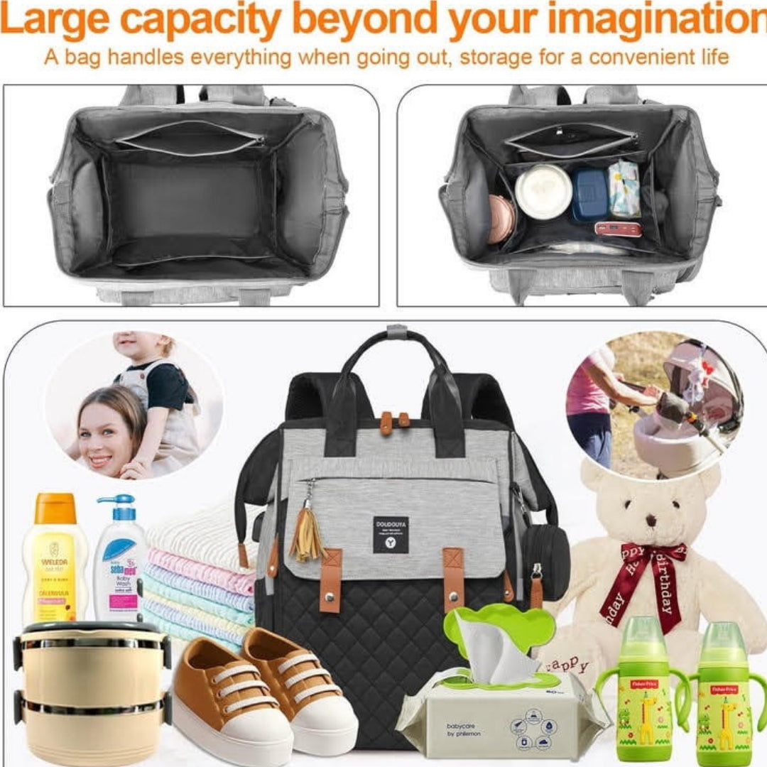 Multi-Function Baby Bag, Portable Cot & Changing Mat - Black-Grey