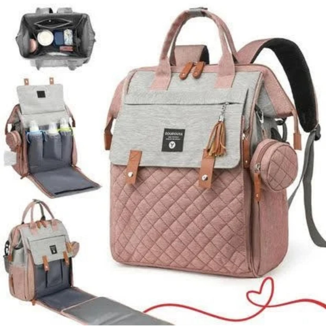 Multi-Function Baby Bag, Portable Cot & Changing Mat - Dusty Pink-Grey