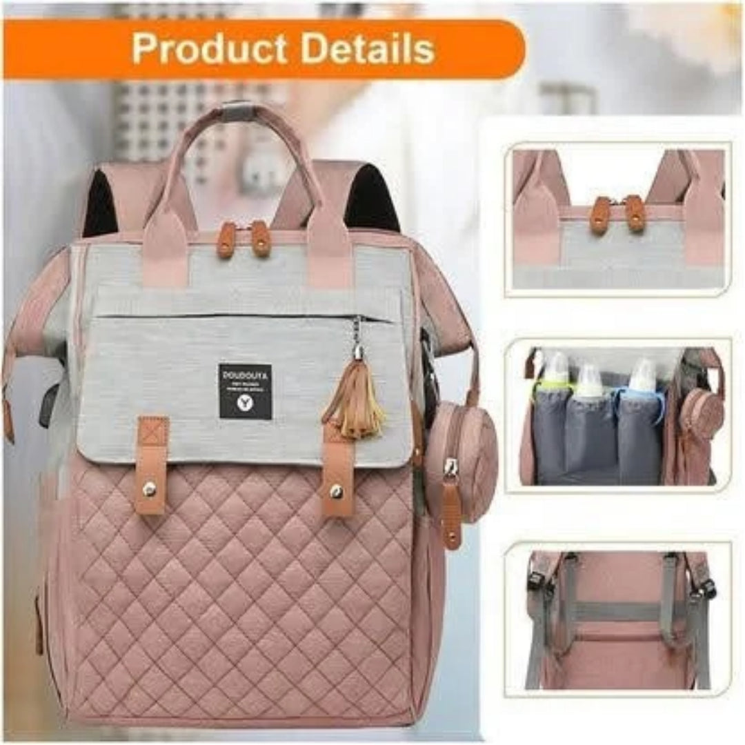 Multi-Function Baby Bag, Portable Cot & Changing Mat - Dusty Pink-Grey