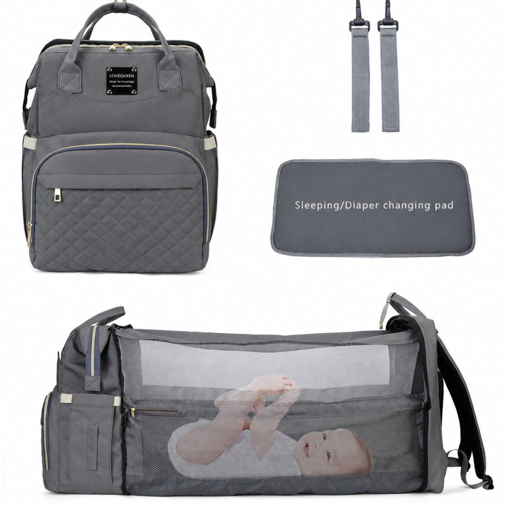 Baby Bag & Convertible (Portable Cot, & Changing Mat) - Ash Grey