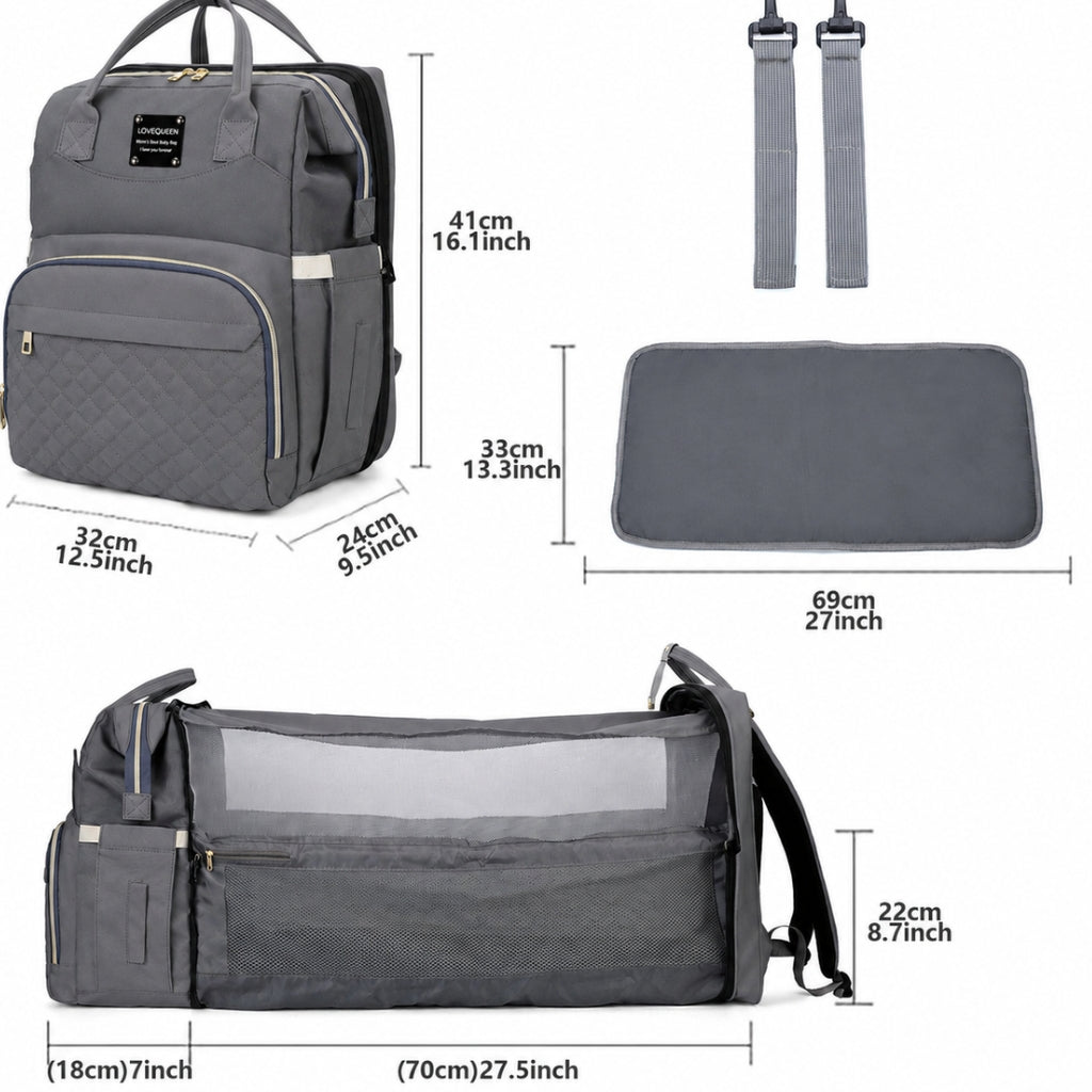 Baby Bag & Convertible (Portable Cot, & Changing Mat) - Ash Grey