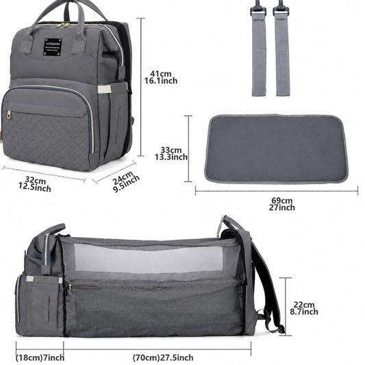 Baby Bag & Convertible (Portable Cot, & Changing Mat) - Ash Grey