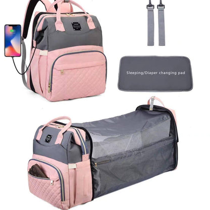 Baby Bag & Convertible (Portable Cot, & Changing Mat) - Dusty Rose-Grey