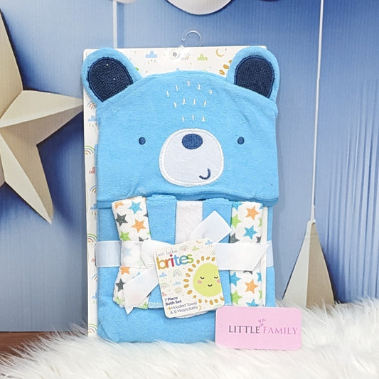 7-Piece Blue Bear Hooded Baby Bath Set