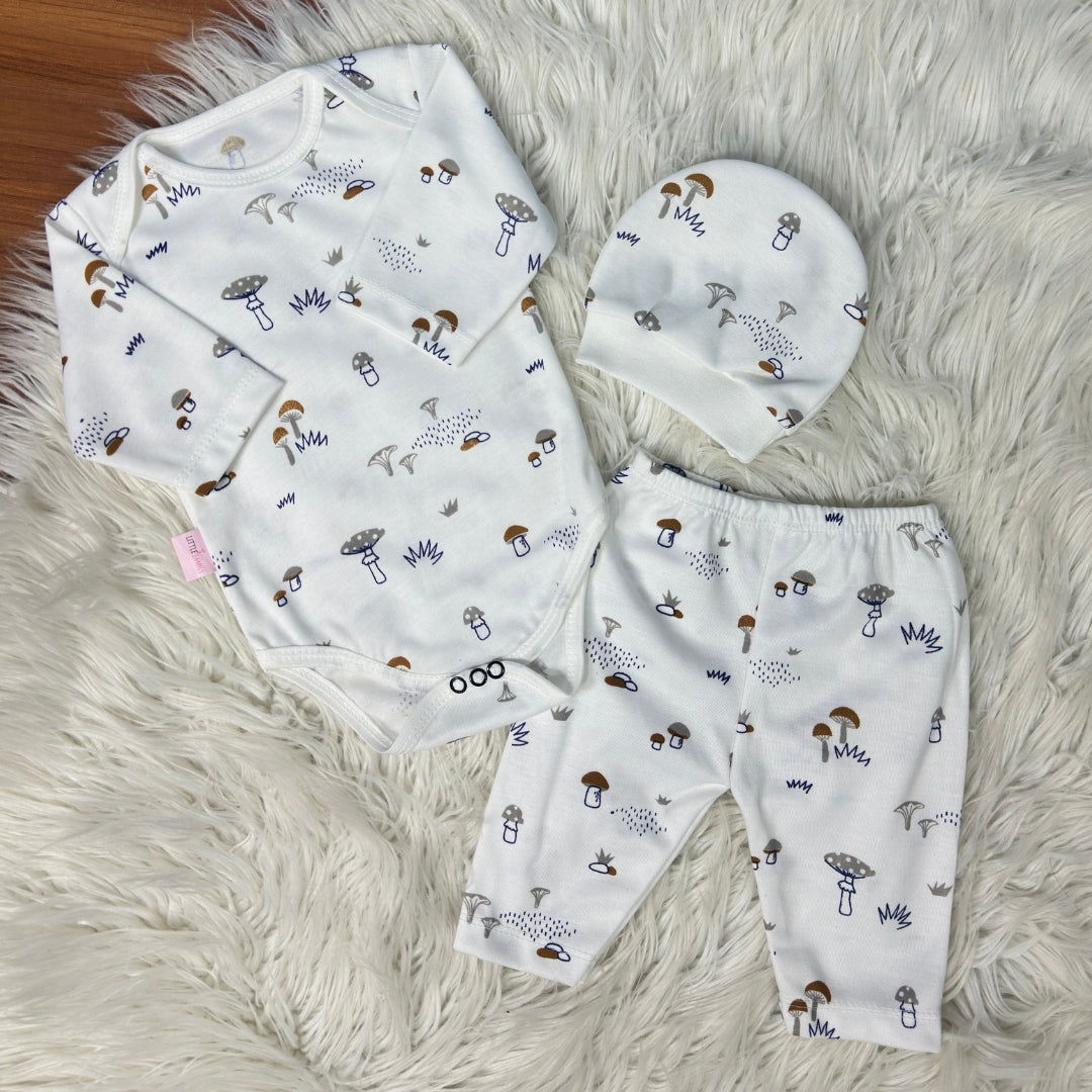 Premium 3-Piece Baby Bodysuit Set | "Little Mushrooms" Theme - White
