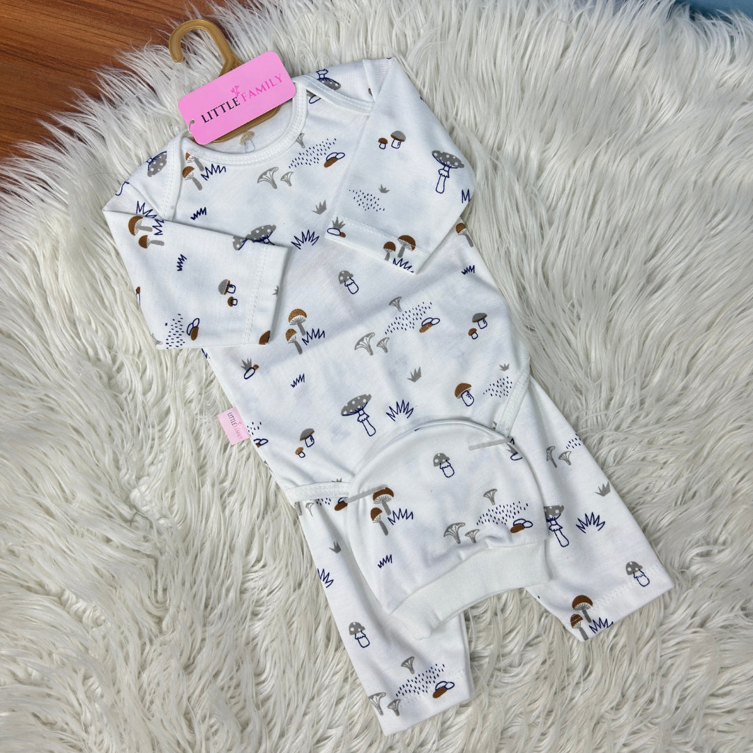 Premium 3-Piece Baby Bodysuit Set | "Little Mushrooms" Theme - White