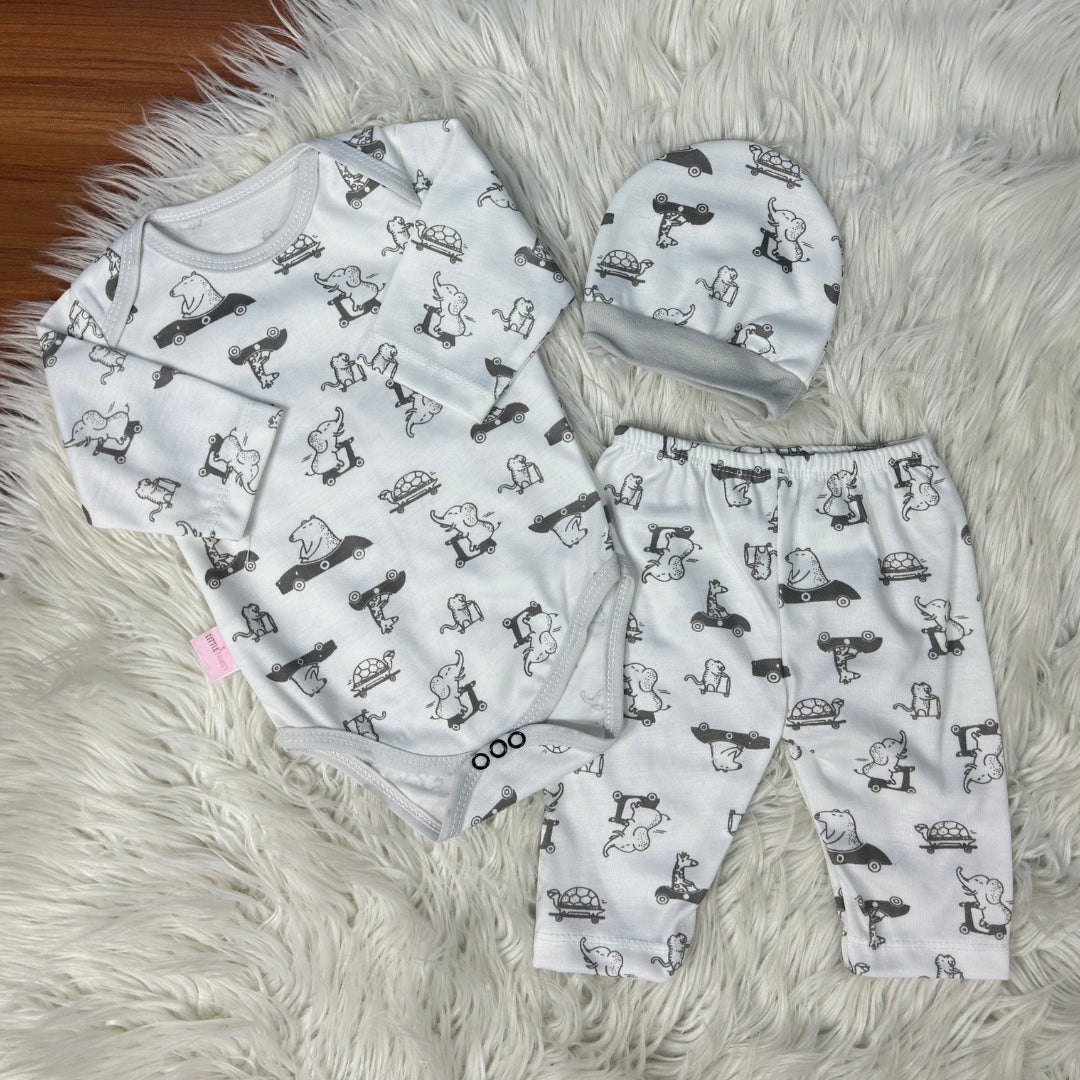 Premium 3-Piece Baby Bodysuit Set | "Tiny Drivers" Theme - Grey
