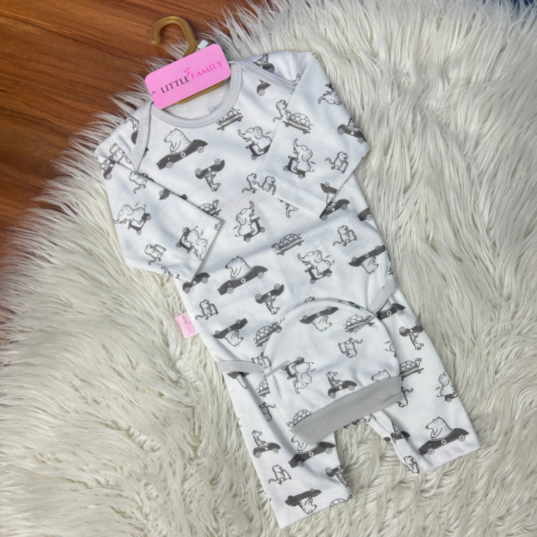 Premium 3-Piece Baby Bodysuit Set | "Tiny Drivers" Theme - Grey
