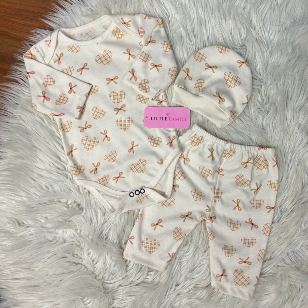 Premium 3-Piece Baby Bodysuit Set | "Heart Ribbon" Theme - Ivory Cream