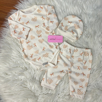 Premium 3-Piece Baby Bodysuit Set | "Heart Ribbon" Theme - Ivory Cream