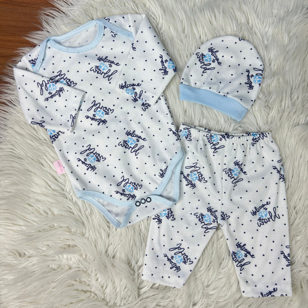 Premium 3-Piece Baby Bodysuit Set | "Welcome to the World" Theme - White
