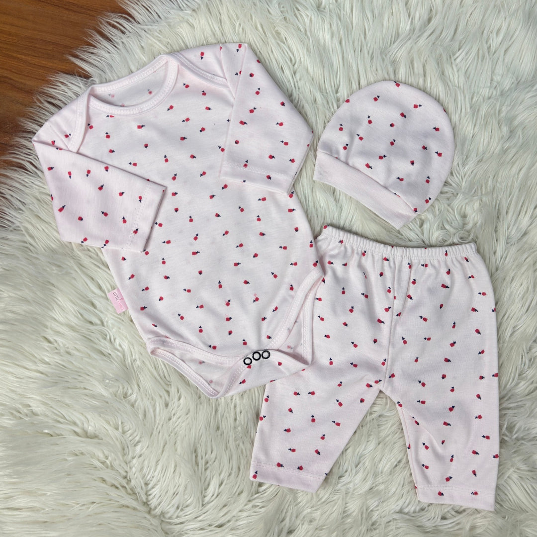 Premium 3-Piece Baby Bodysuit Set | "Strawberry" Theme - Pink
