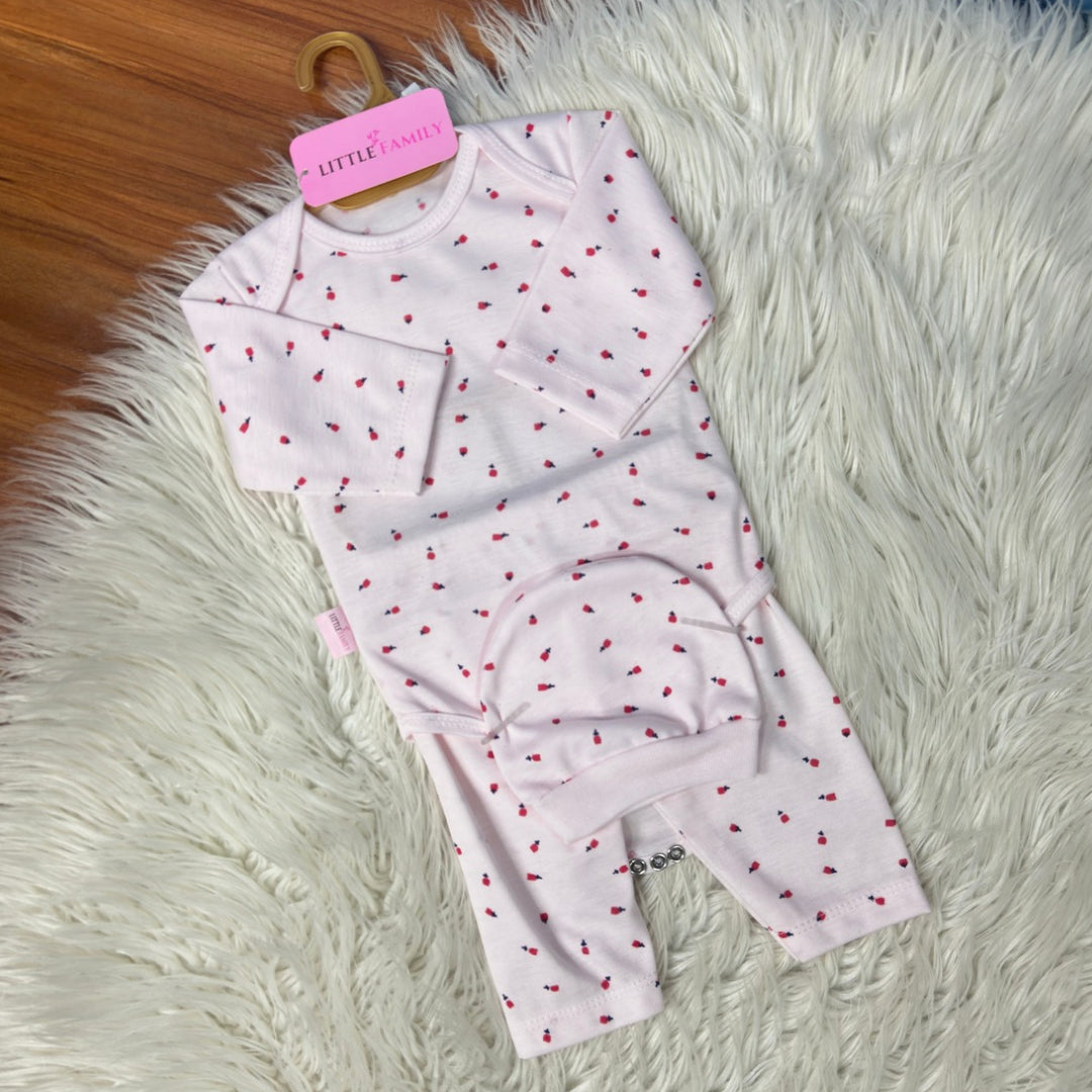 Premium 3-Piece Baby Bodysuit Set | "Strawberry" Theme - Pink