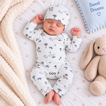 Premium 3-Piece Baby Bodysuit Set | "Little Mushrooms" Theme - White