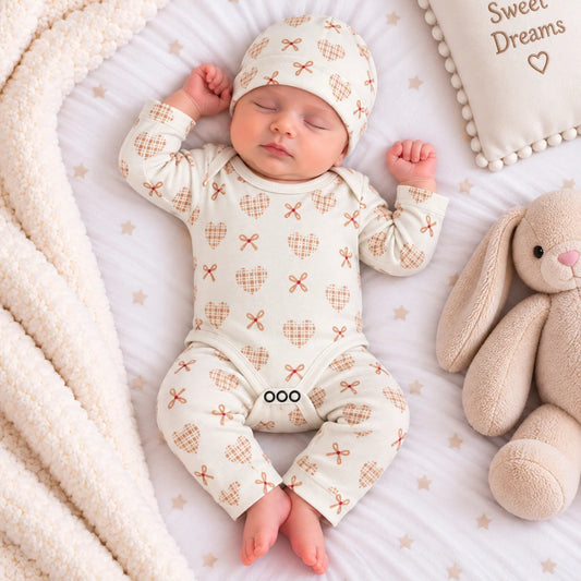 Premium 3-Piece Baby Bodysuit Set | "Heart Ribbon" Theme - Ivory Cream