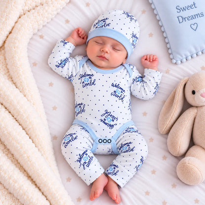 Premium 3-Piece Baby Bodysuit Set | "Welcome to the World" Theme - White