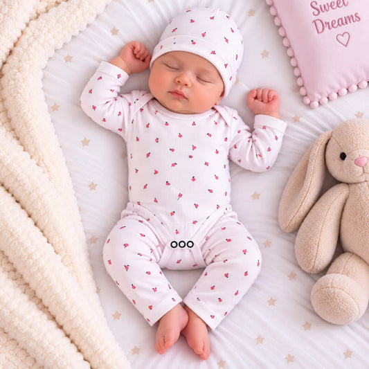 Premium 3-Piece Baby Bodysuit Set | "Strawberry" Theme - Pink